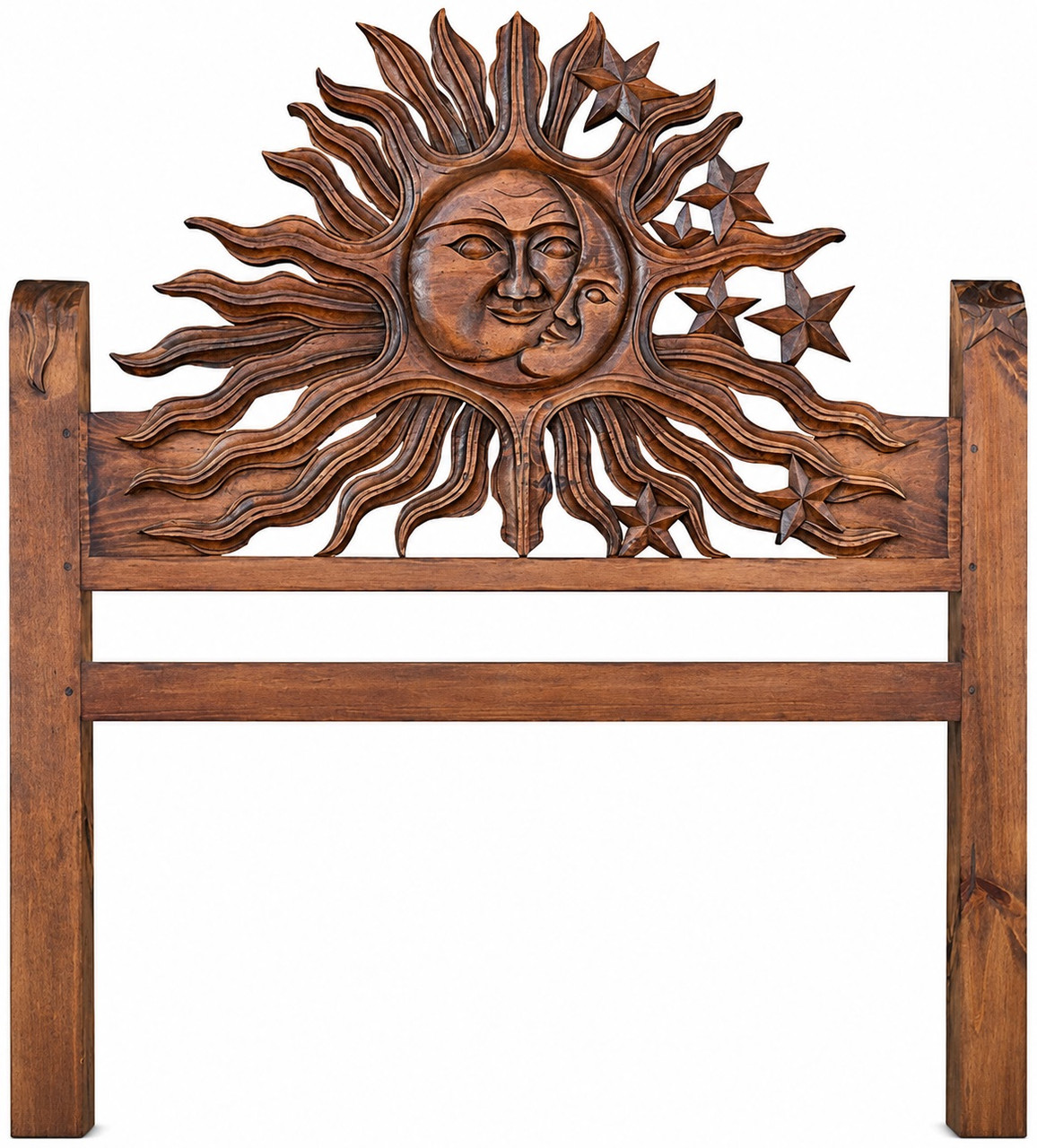 Mexican wooden headboard with hand carved sun and moon design
