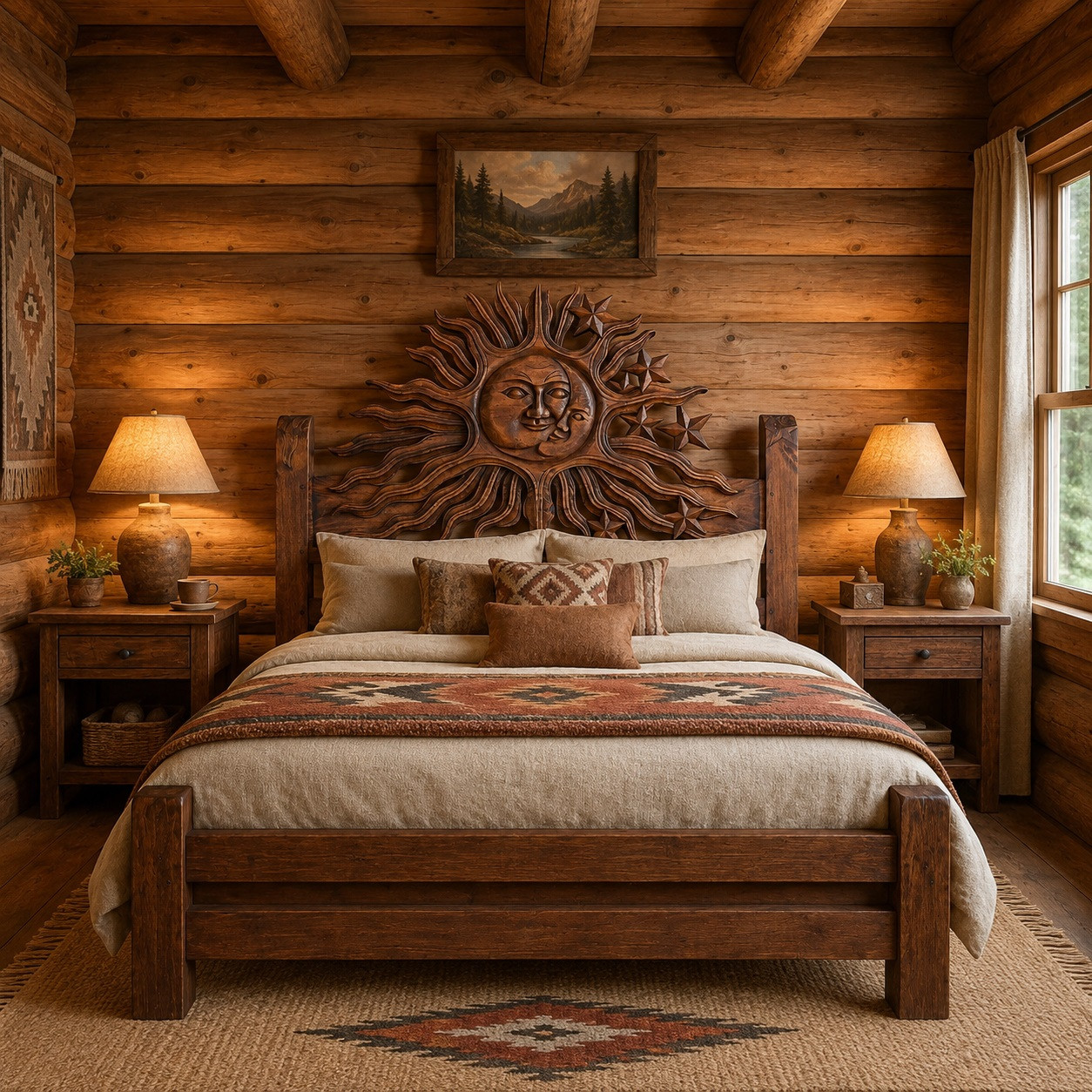 Mexican wooden headboard with hand carved sun and moon design in a cozy cabin bedroom