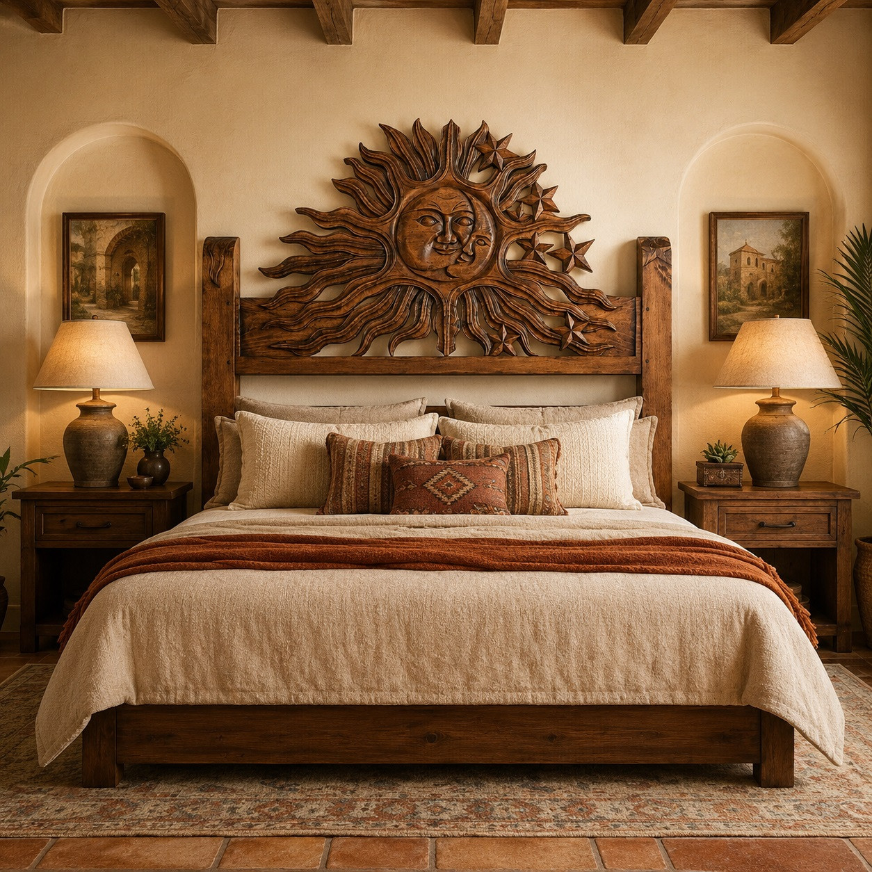 Mexican wooden headboard with hand carved sun and moon design in a warm master bedroom