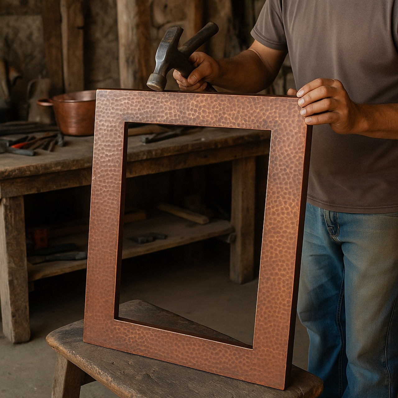 Hammered copper rectangular mirror frame being hand-shaped by a coppersmith in a Mexican workshop
