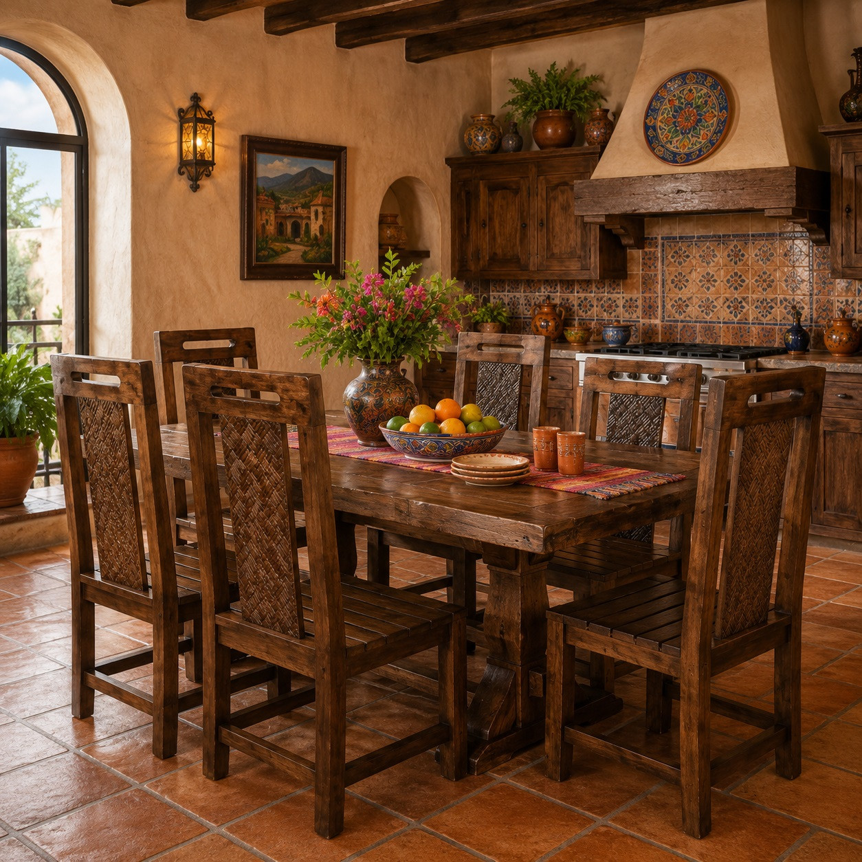 Rustic Mexican wooden chair with woven back and slatted seat in a hacienda kitchen