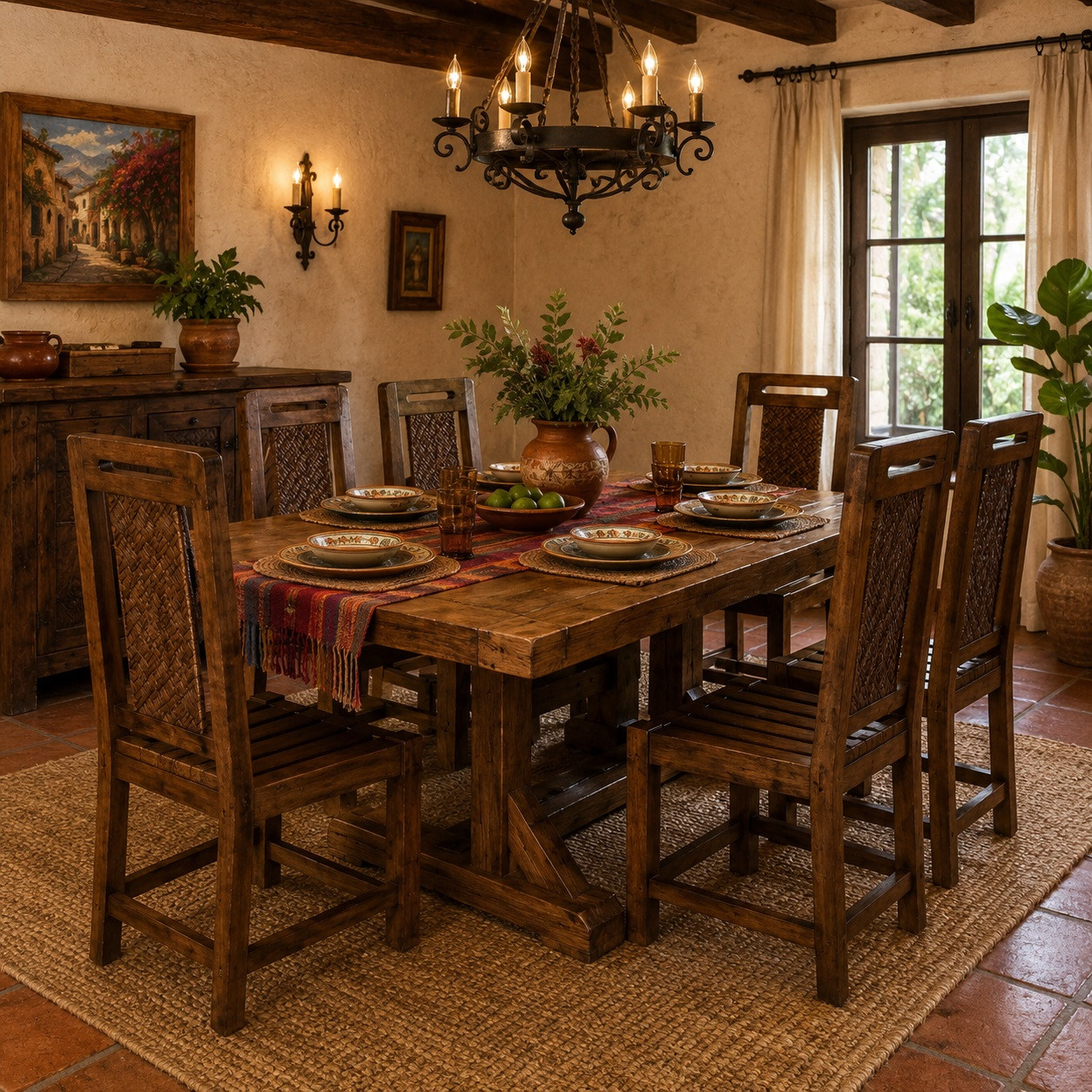 Rustic Mexican wooden chair with woven back and slatted seat in a rustic dining room