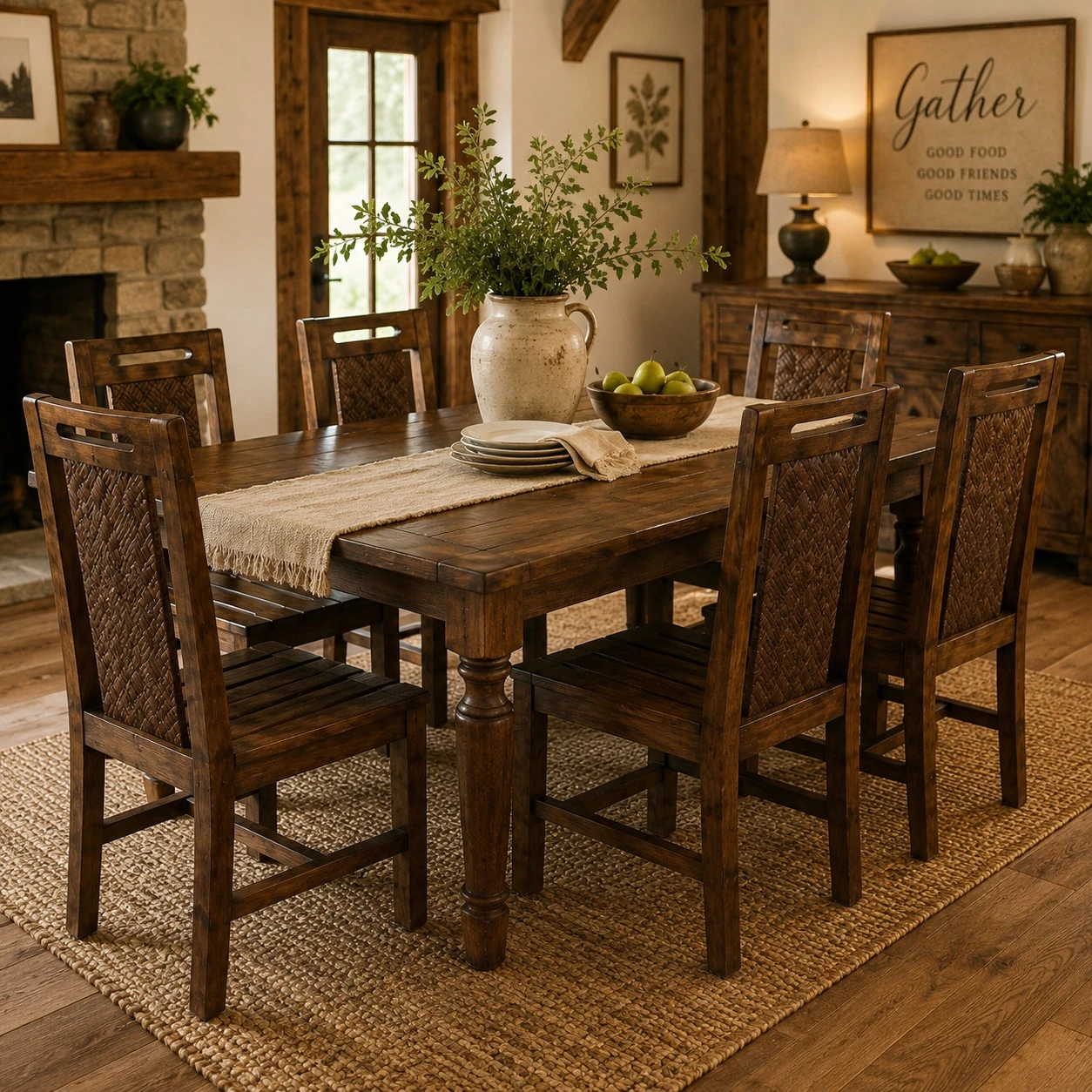 Rustic Mexican wooden chair with woven back and slatted seat around a farmhouse table