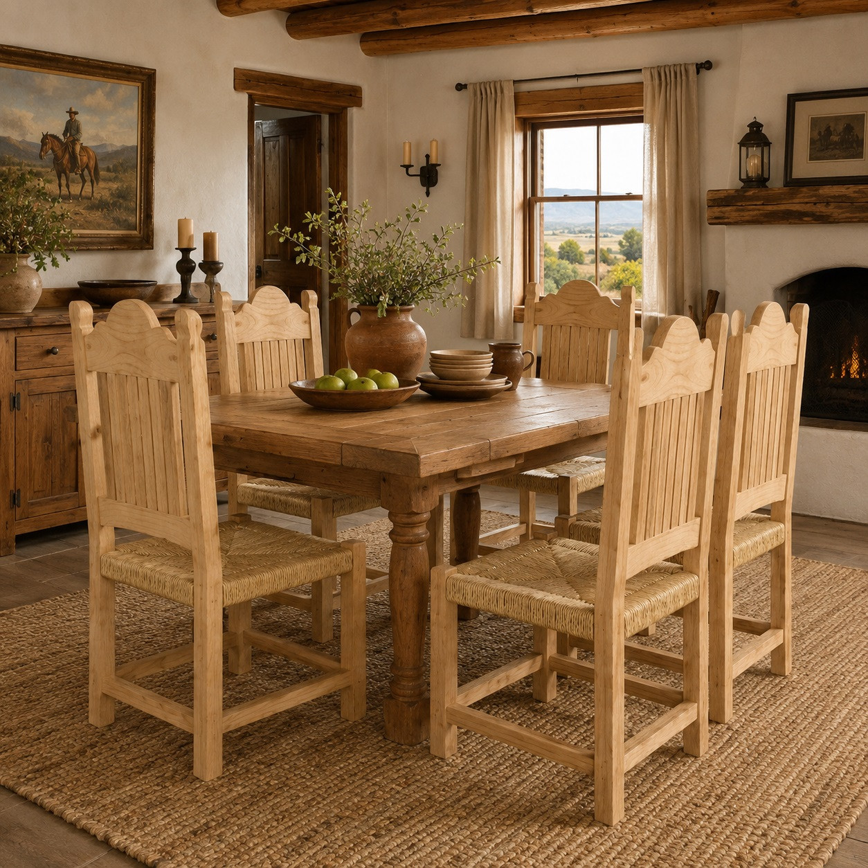 Rustic Mexican wooden chair with woven seat and scalloped back a rustic ranch dining room