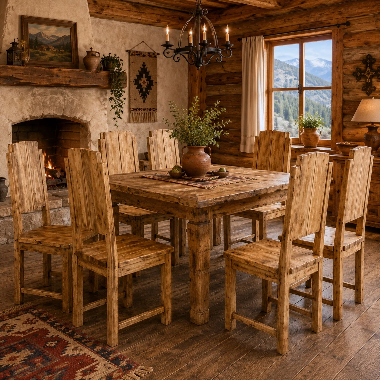 Rustic Mexican wooden chair with plank back and straight legs in a cozy country cabin