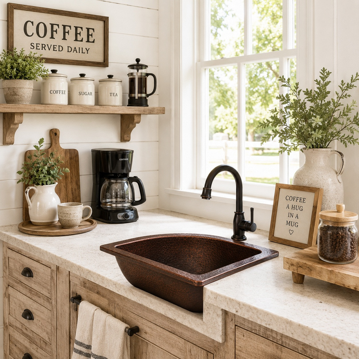 Hammered copper bar sink with u shaped basin in a rustic farmhouse coffee station