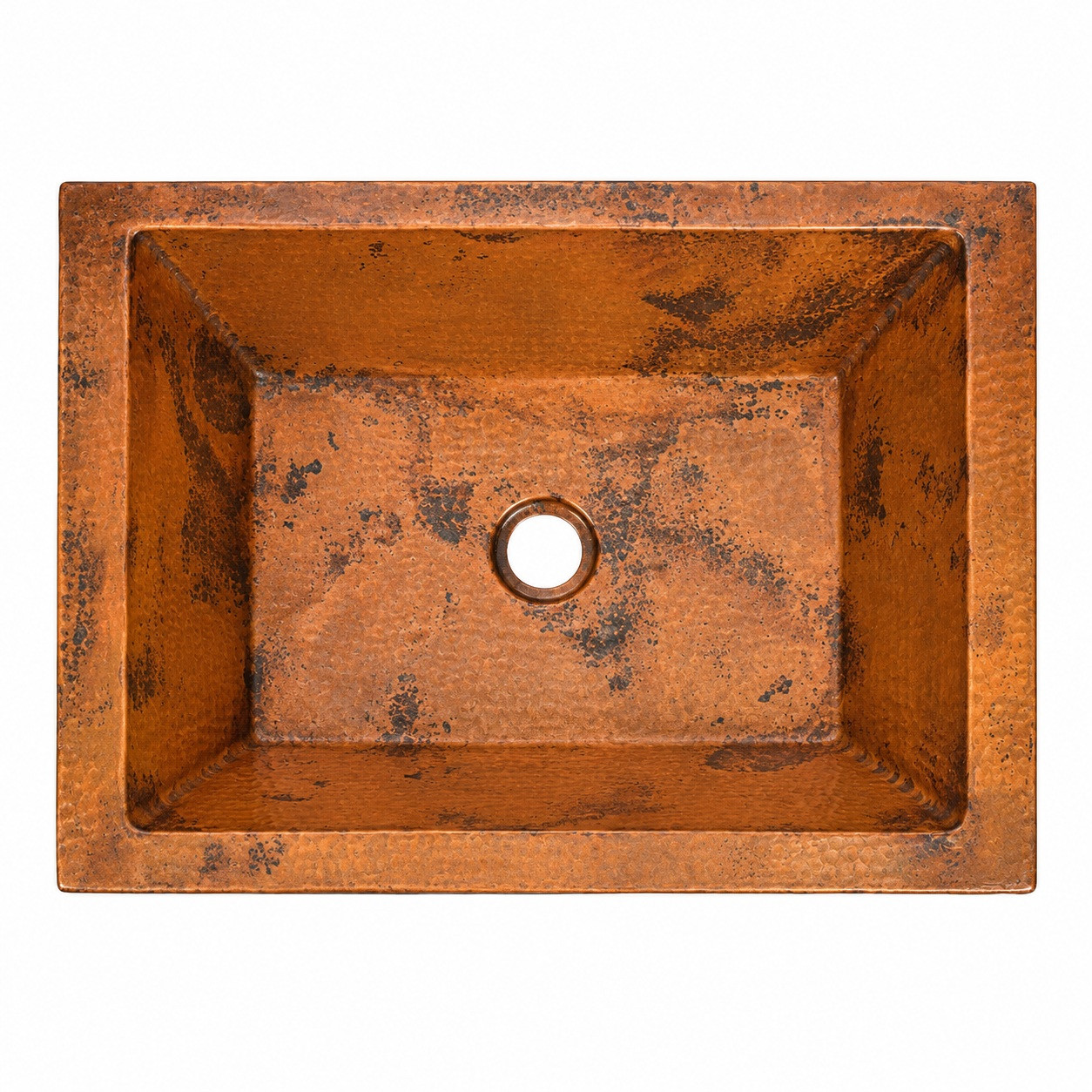 Rectangular hammered copper bar sink shown from above with deep artisan basin and aged copper patina