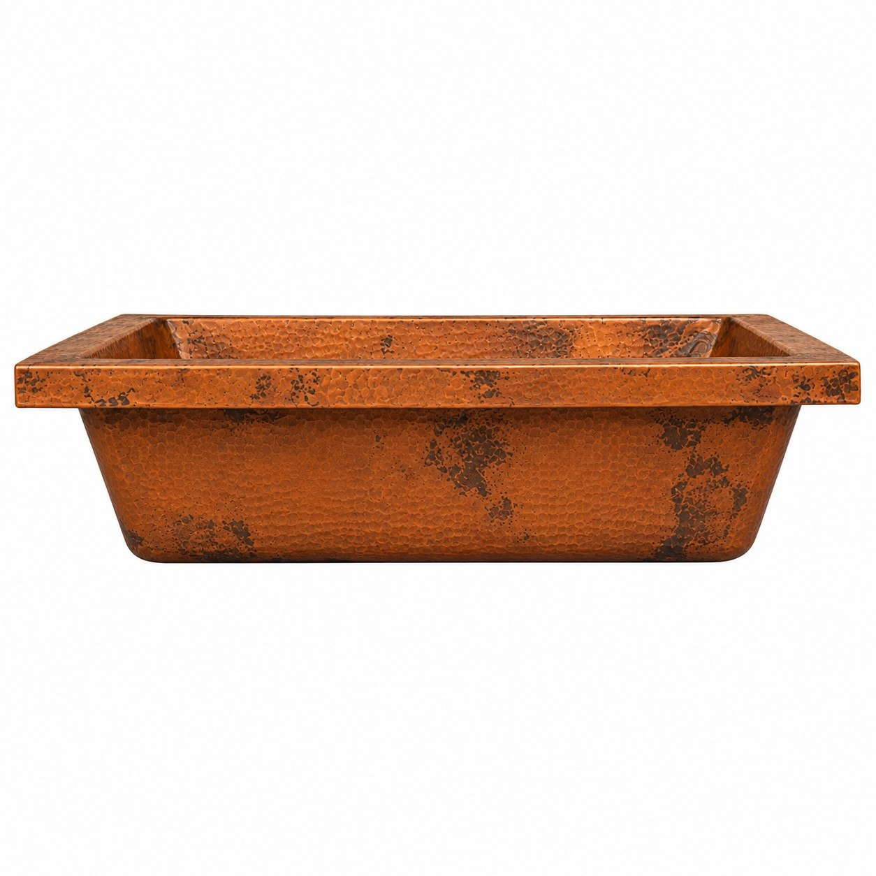 Rectangular hammered copper bar sink profile view showing deep tapered basin and handcrafted copper texture