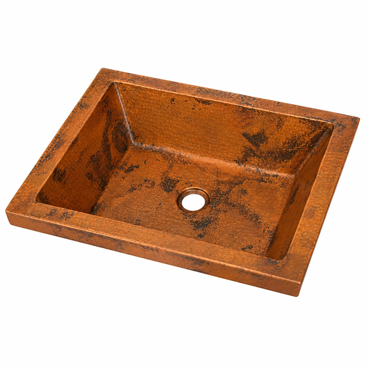 Rectangular hammered copper bar sink in angled view with wide flat rim and textured artisan finish