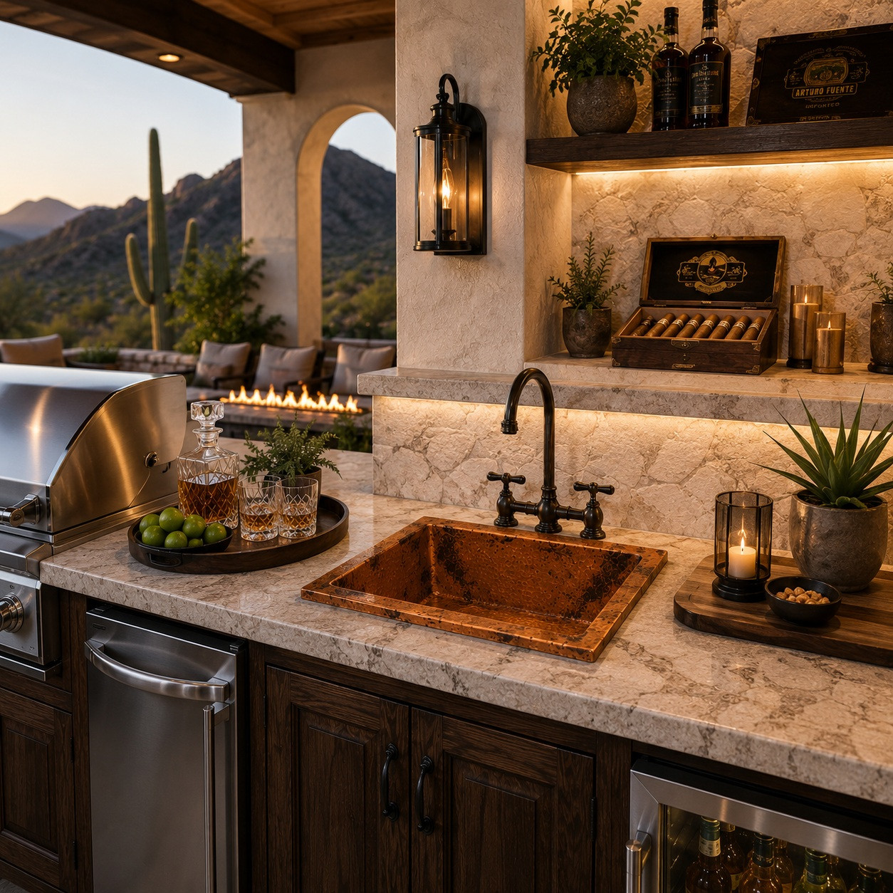 Rectangular hammered copper bar sink installed in a luxury outdoor kitchen with rustic stone countertops