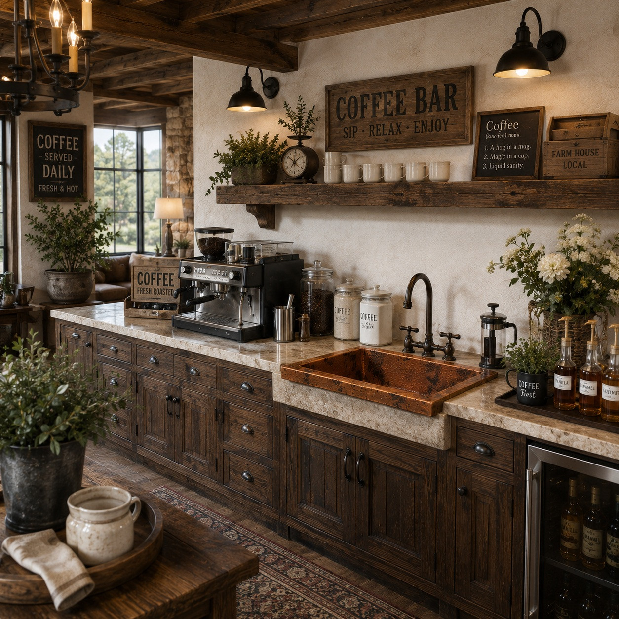 Rectangular hammered copper bar sink in a rustic farmhouse coffee station with reclaimed wood cabinetry