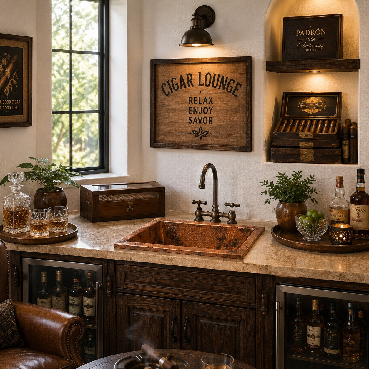 Rectangular hammered copper bar sink in a cigar lounge beverage area with rustic wood and leather seating