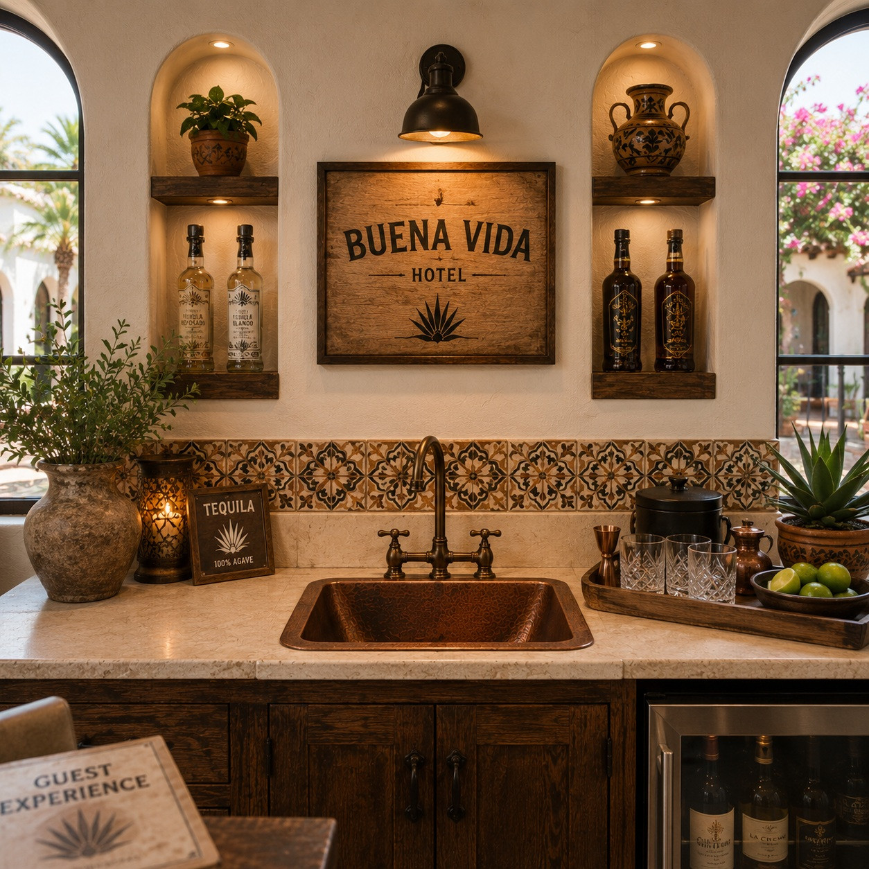 Hammered copper bar sink with rounded square basin in a boutique hotel beverage station with artisan decor