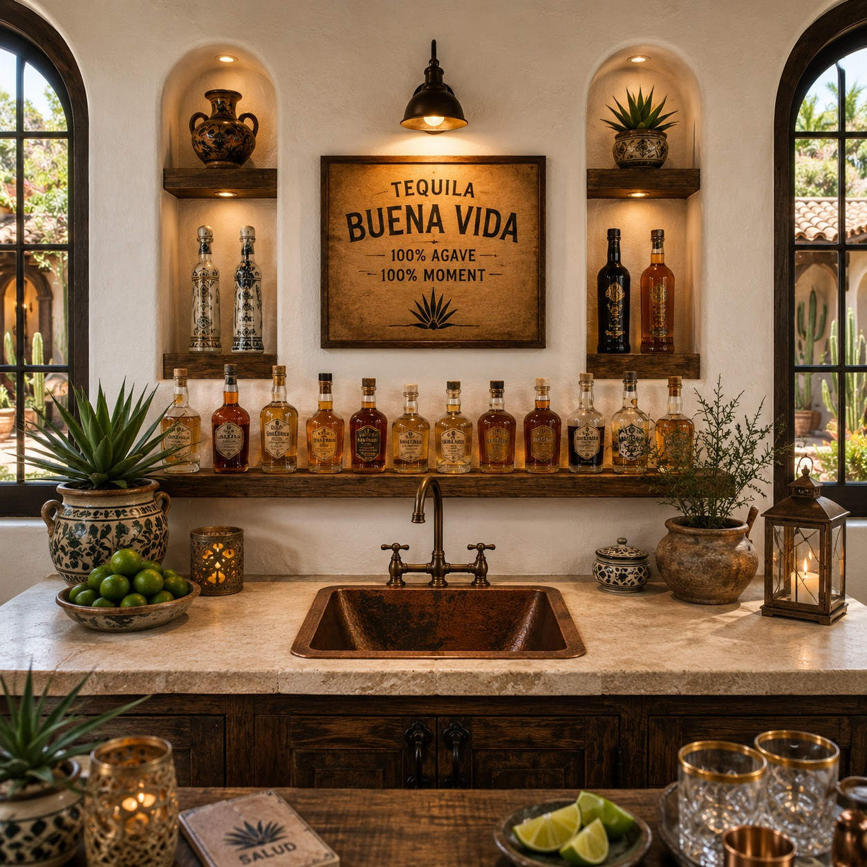 Hammered copper bar sink with rounded square basin in a Southwestern style home with rustic wet bar setup