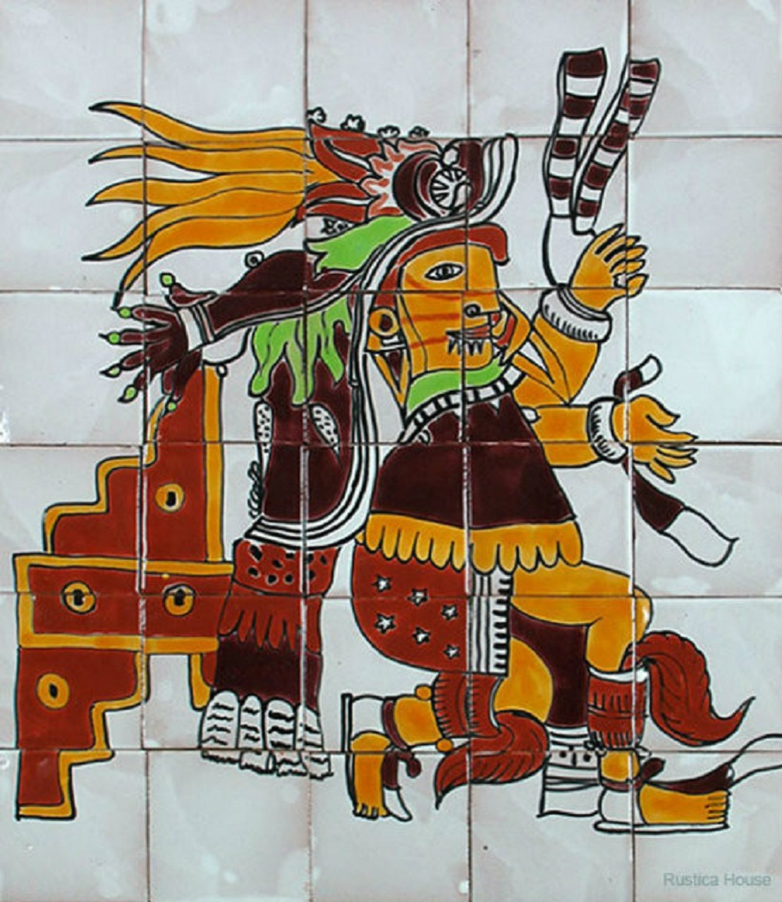 Hand-painted tile mural featuring a striking Aztec deity, richly adorned with intricate ceremonial attire and vibrant feathered headdress, symbolizing Mesoamerican heritage.