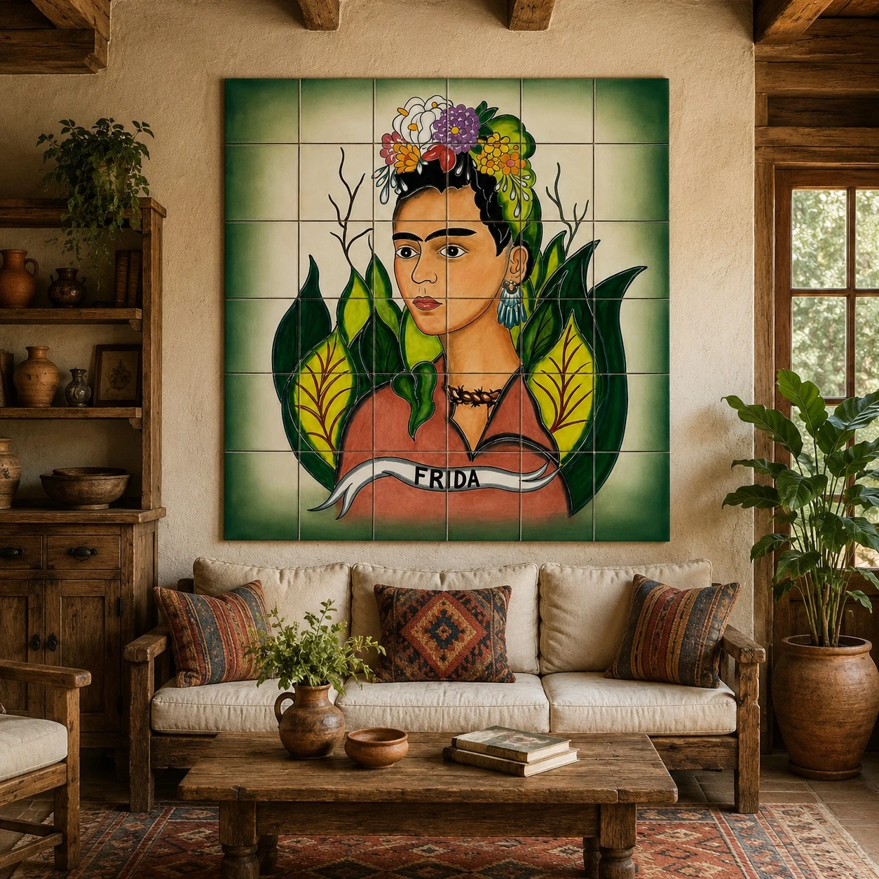 Talavera tile mural with Frida Kahlo in a rustic living room with beams and artisan textiles.