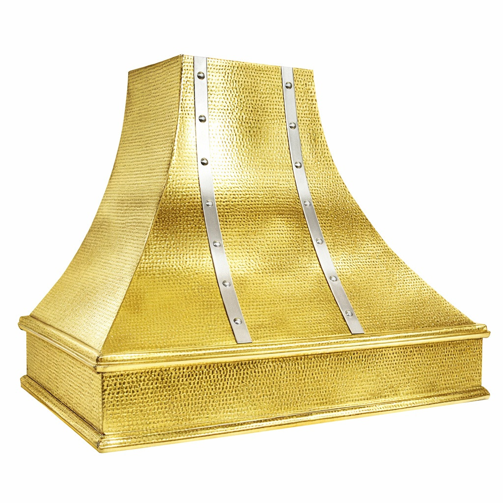 Mixed metal tin range hood with zinc straps showing front and the side