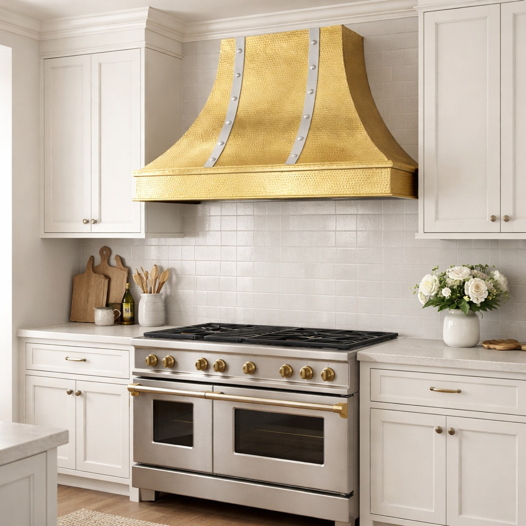 Shiny tin range hood with zinc straps in an elegant transitional kitchen with simple cabinetry