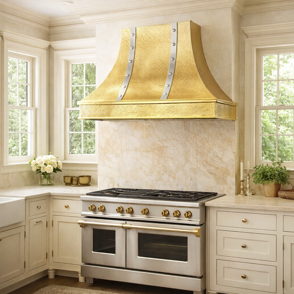 Mixed metal tin and zinc range hood in traditional luxury kitchen with reflective finish and riveted straps