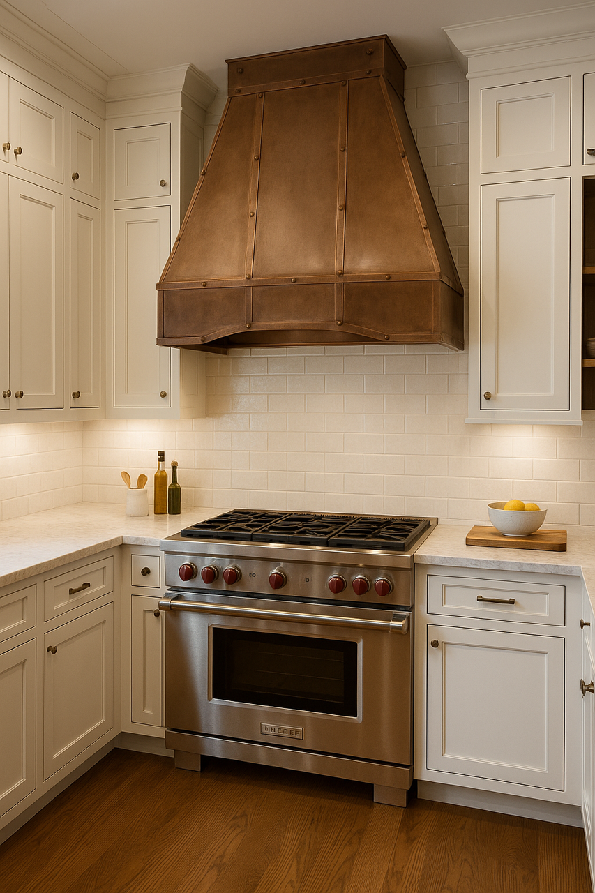 Austin hood bridging shaker cabinets and sleek quartz countertops
