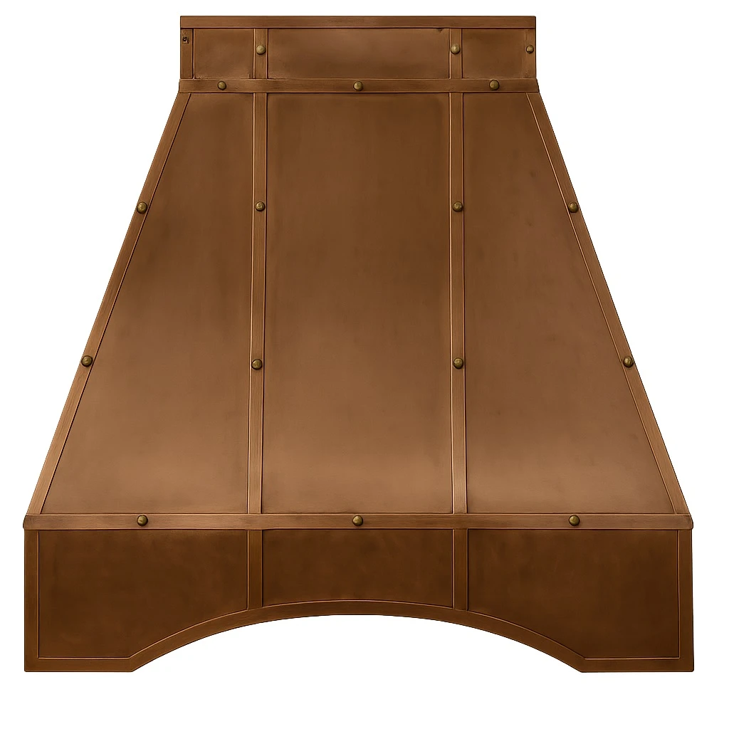 Pyramid copper range hood for gas stove front view, flared canopy with smooth panels and centered chimney above cooking surface