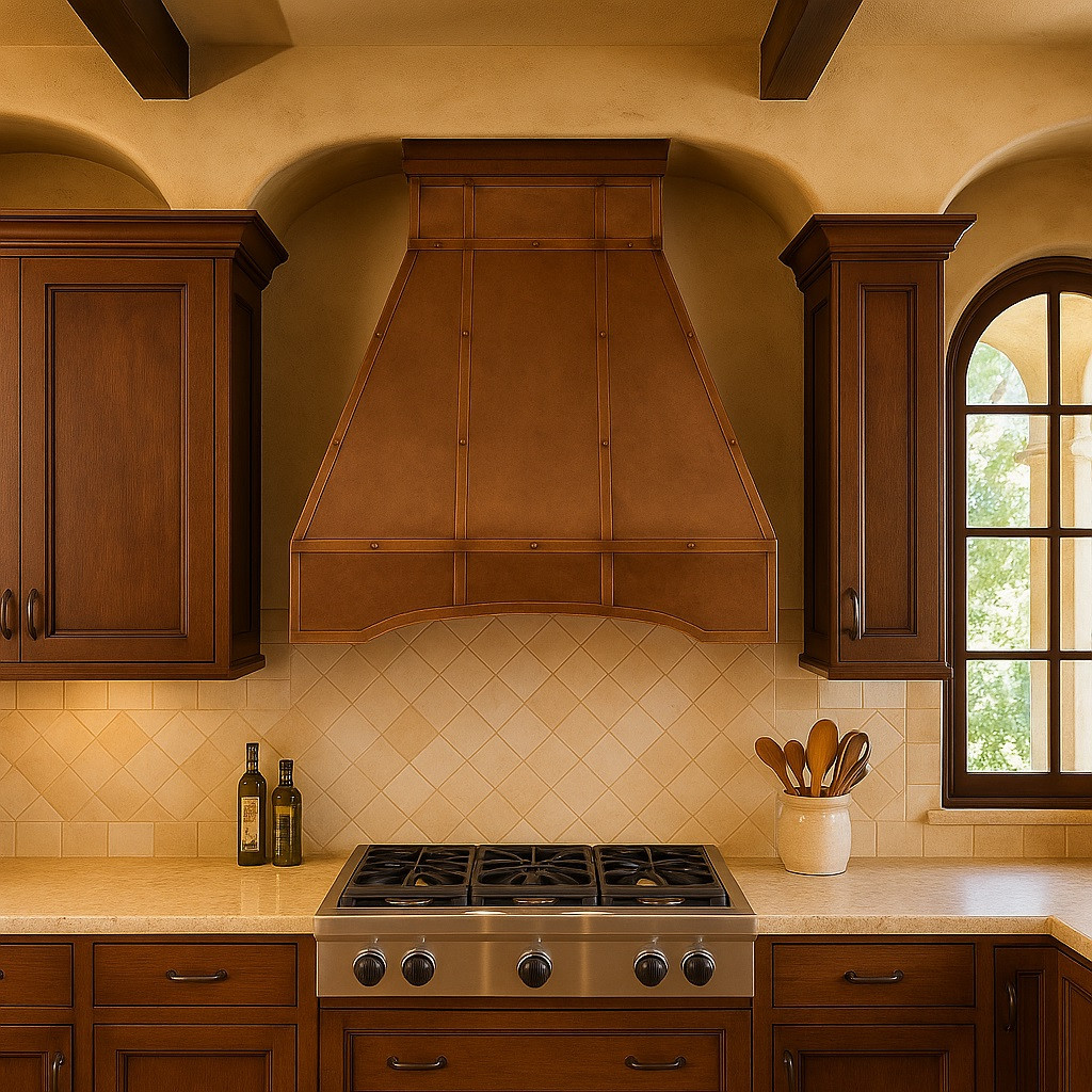 Pyramid shape copper hood for gas stove in Mission Revival kitchen, warm patina canopy above range with wood beams and tile accents
