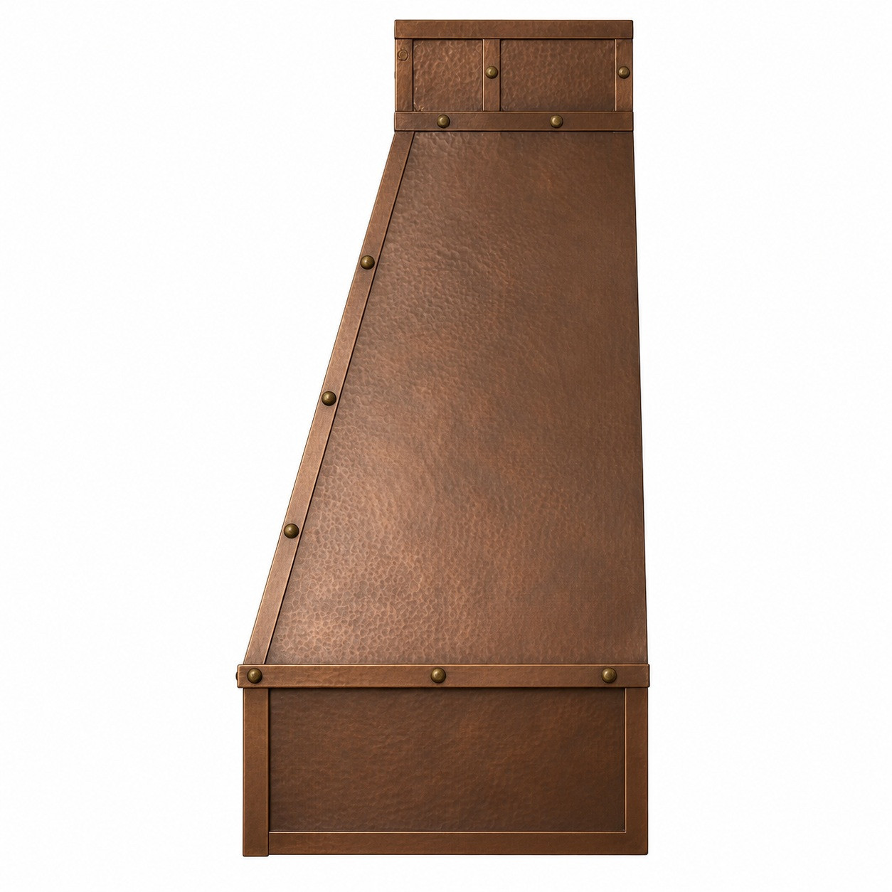 Side profile of a hammered copper range hood with a straight tapered body, riveted trim, and boxed lower apron