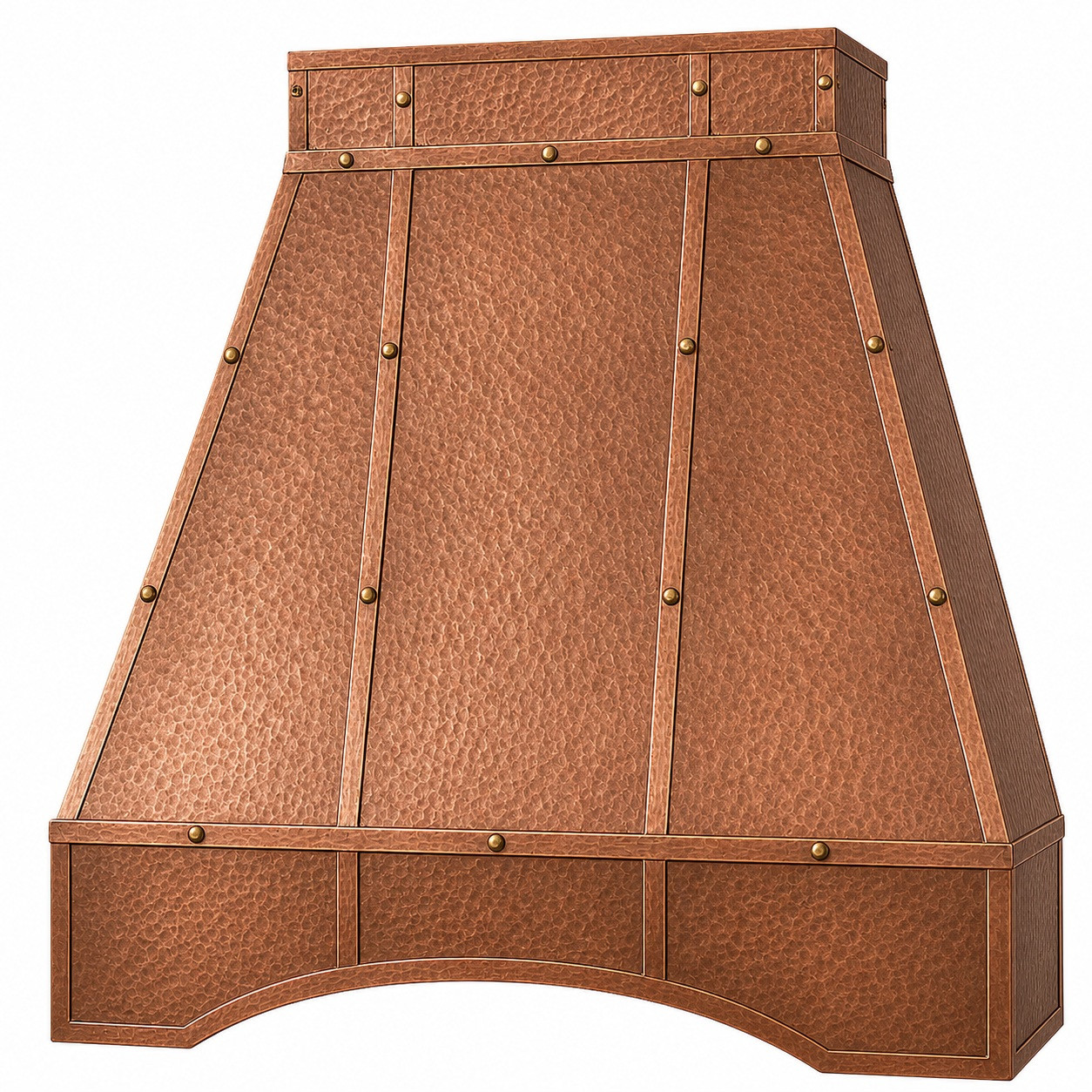 Angled view of a hammered copper range hood with straight sides, riveted panel straps, and curved front apron
