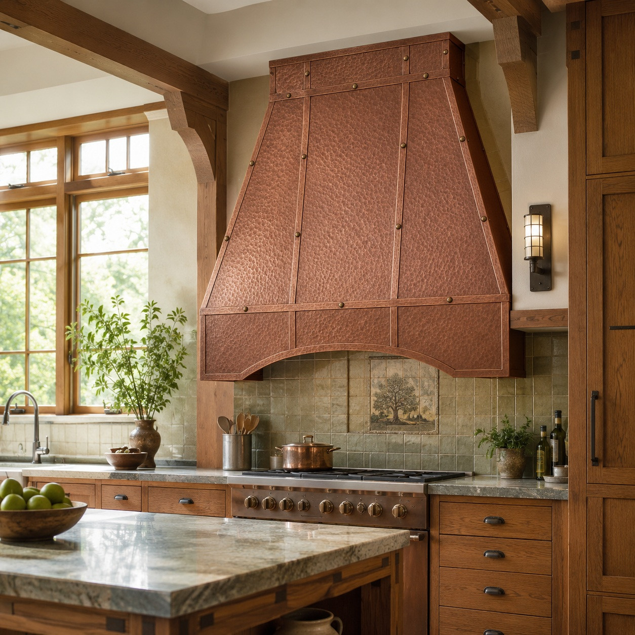 Arts and Crafts kitchen with paneled tapered copper range hood and riveted straps