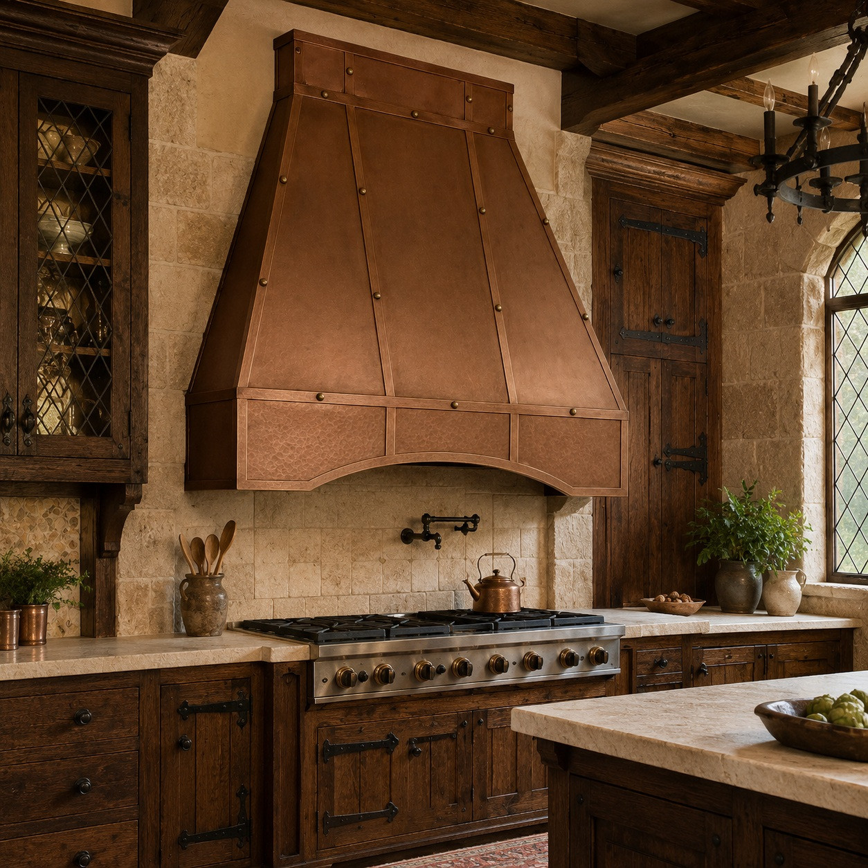 English Tudor kitchen with paneled tapered copper range hood and riveted strap detail