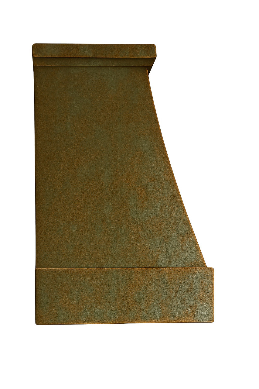 Colonial style copper range hood with rustic green finish side view on white background, hammered canopy with oxidized patina and tapered profile silhouette