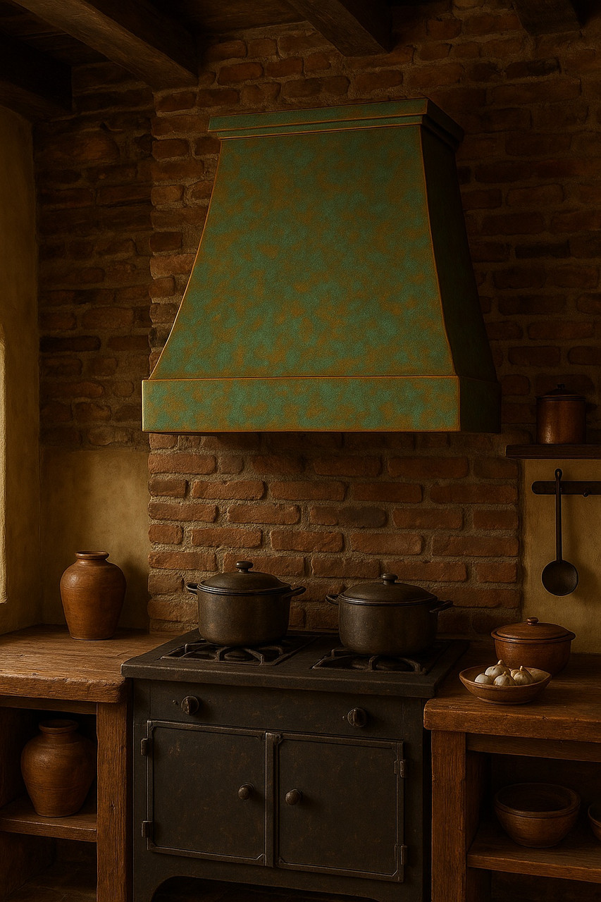 Colonial style copper range hood with rustic green finish in Old World kitchen, oxidized hammered canopy above stone walls and rustic wood beams