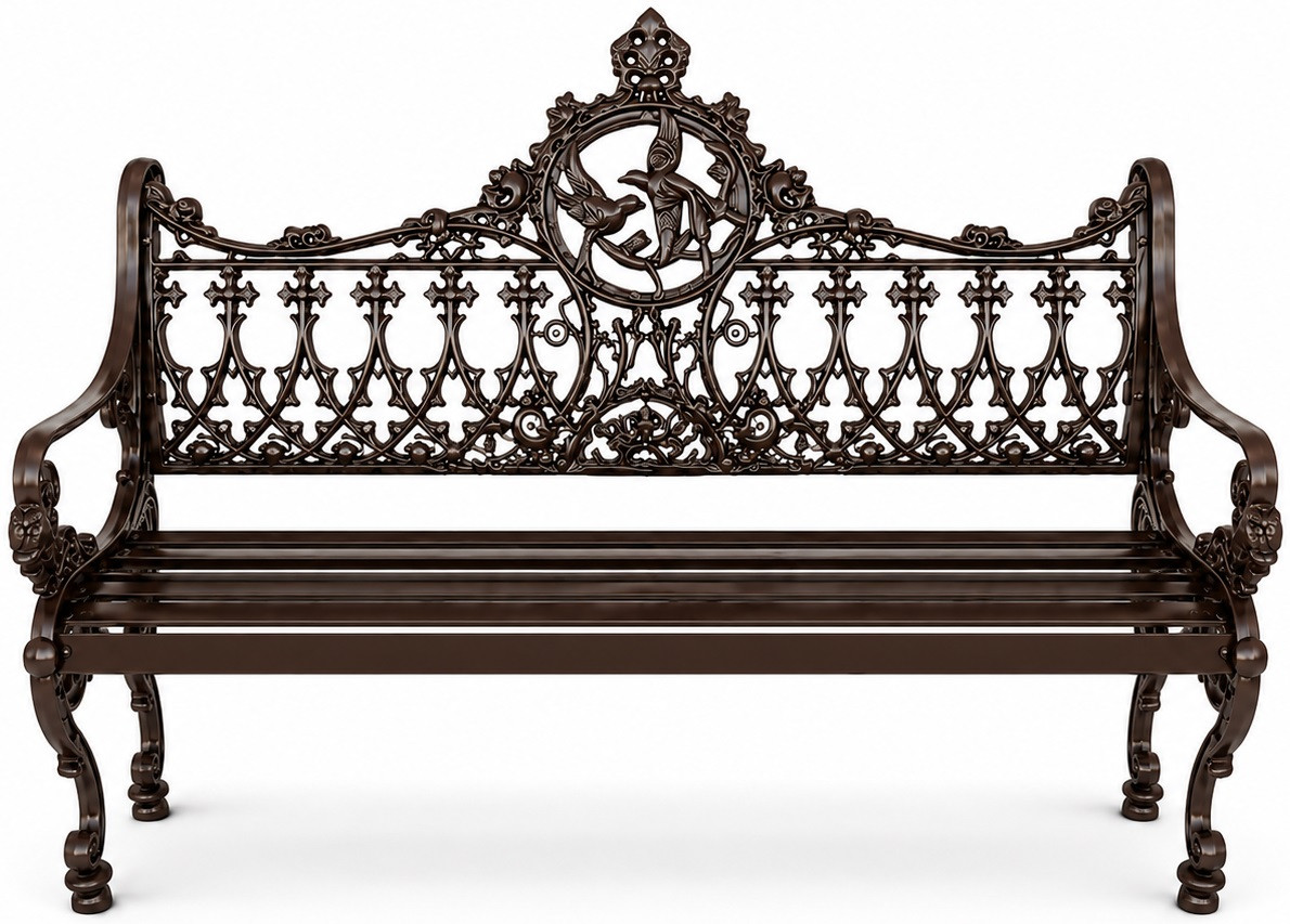 Ornate chocolate aluminum rustic garden bench with victorian scrollwork design