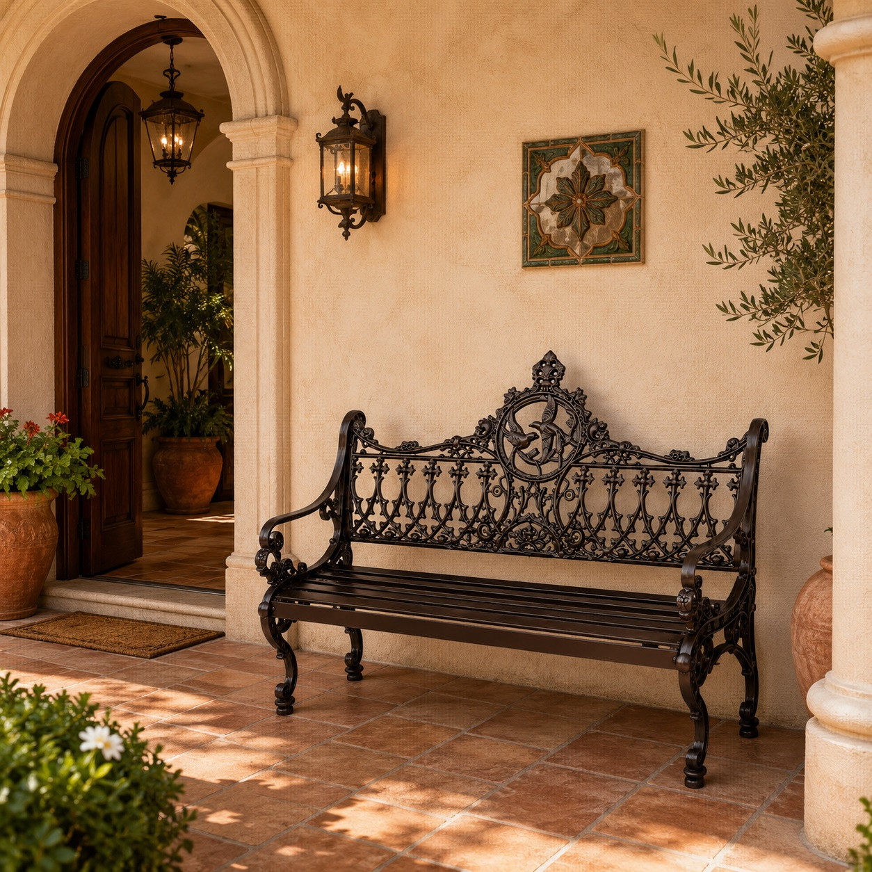 Ornate chocolate aluminum rustic garden bench with victorian scrollwork design in villa entry