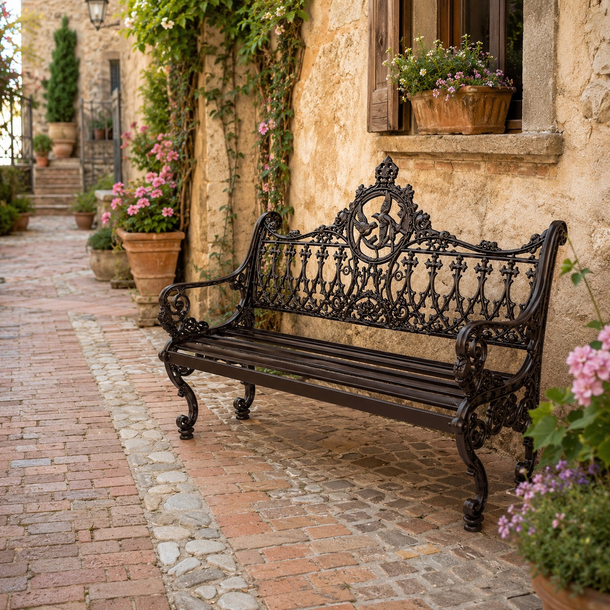 Ornate chocolate aluminum rustic garden bench with victorian scrollwork design along rustic walkway