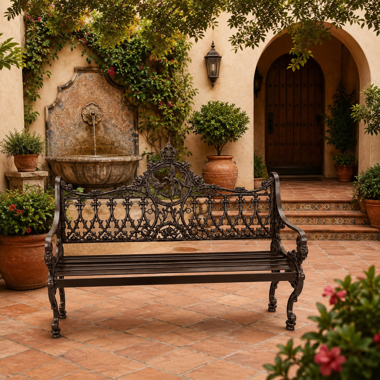 Ornate chocolate aluminum rustic garden bench with victorian scrollwork design in Spanish courtyard