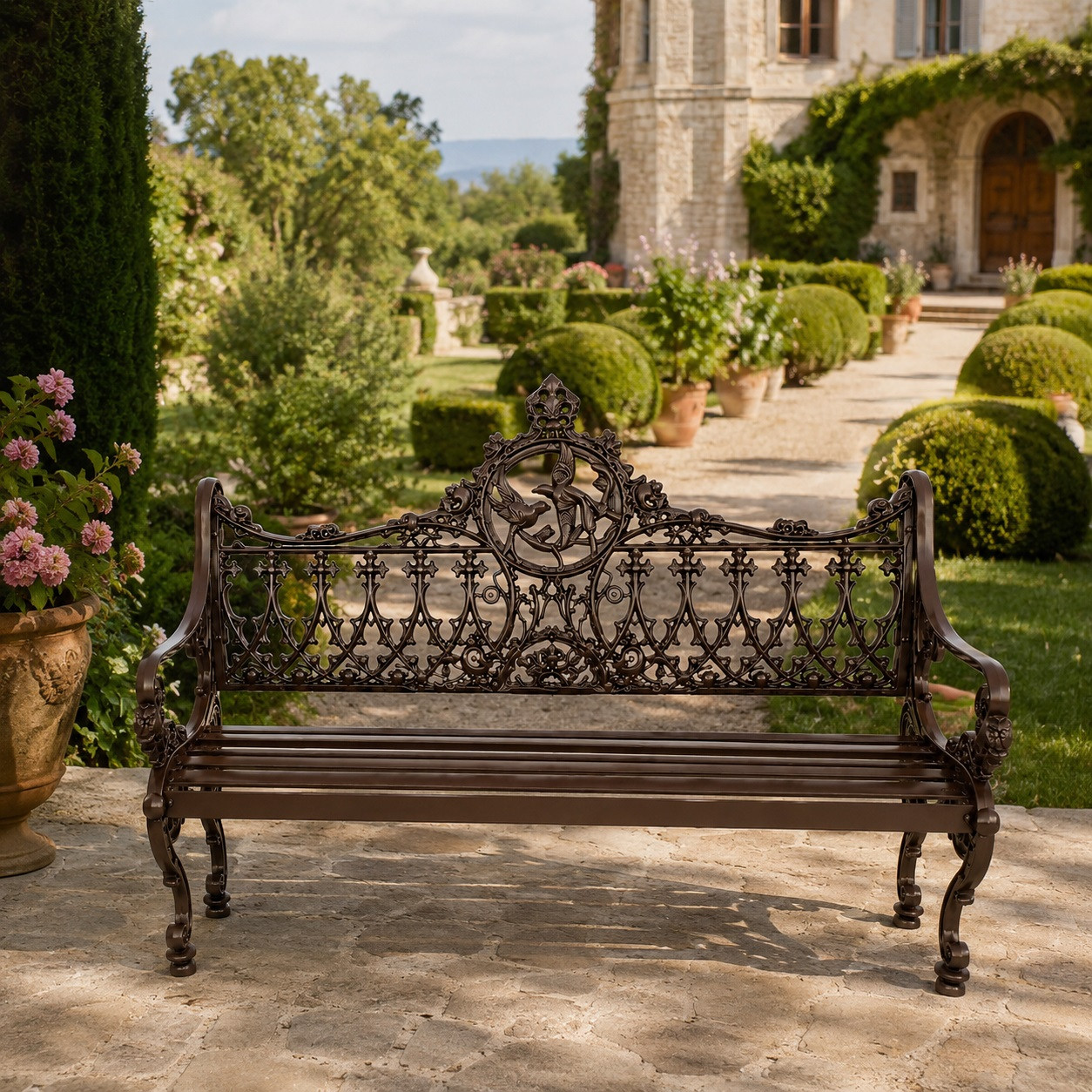 Ornate chocolate aluminum rustic garden bench with victorian scrollwork design in estate garden