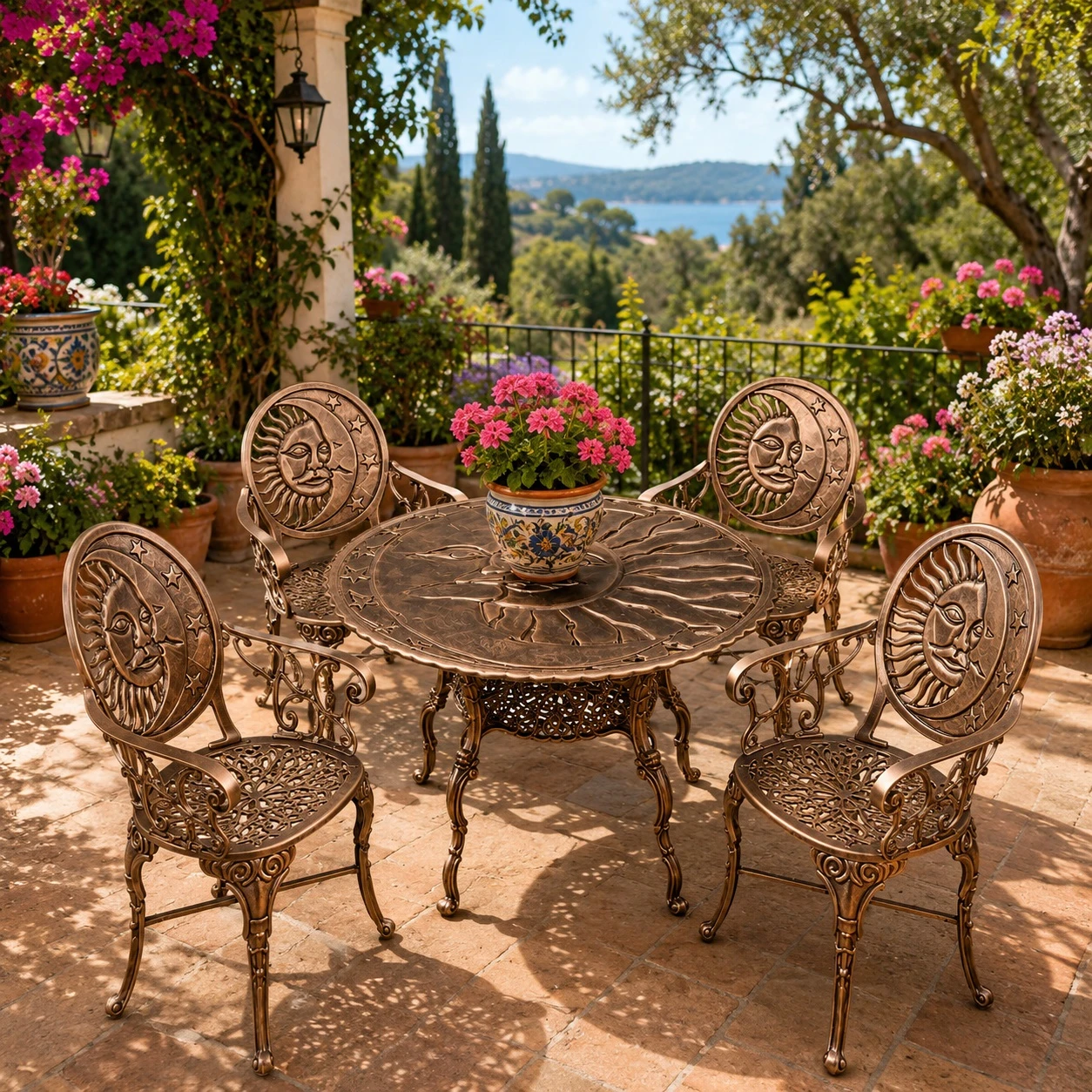 Sun and moon aluminum dining furniture sets for patios on a sunny garden terrace