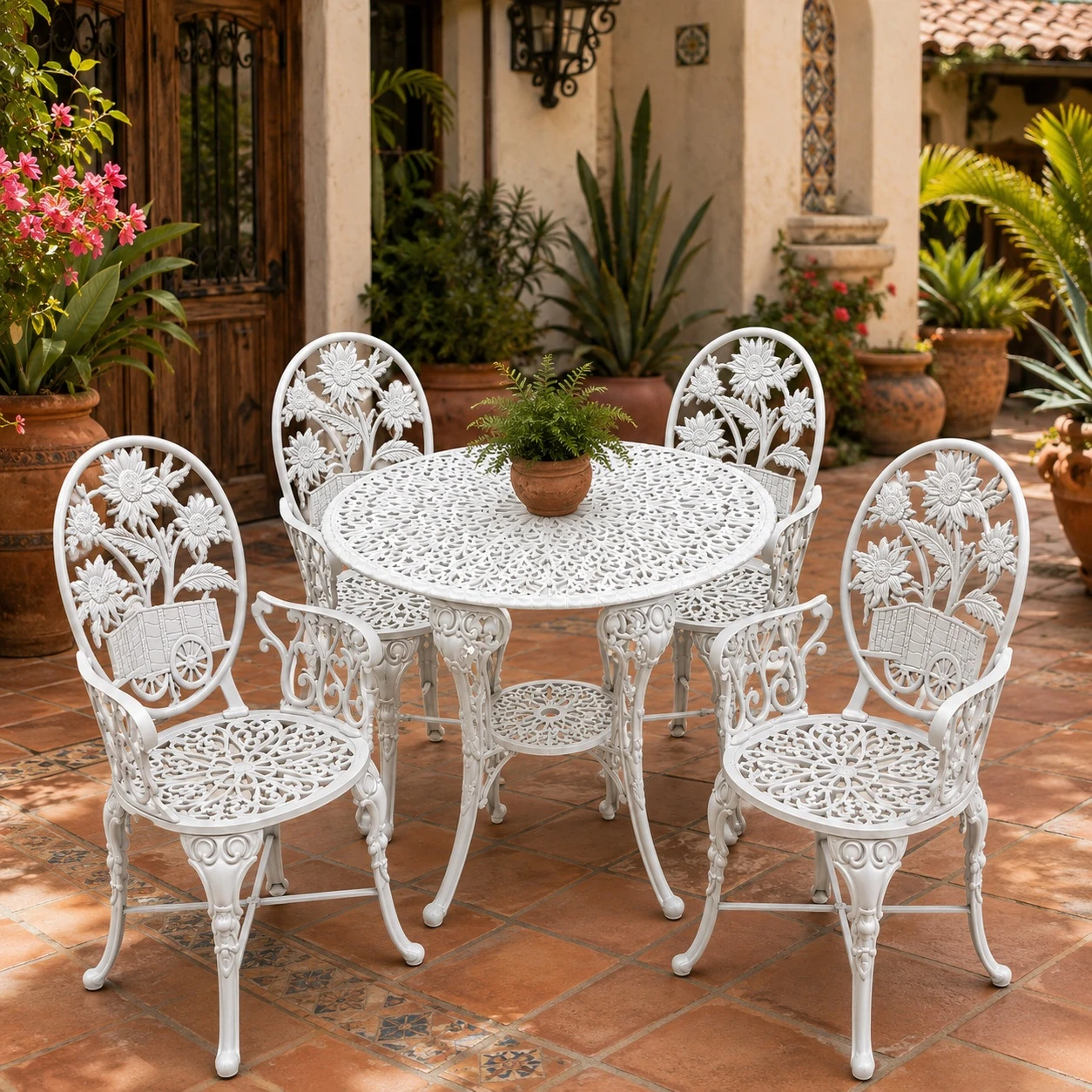 White garden aluminum dining furniture sets with sunflower cart design in a hacienda patio