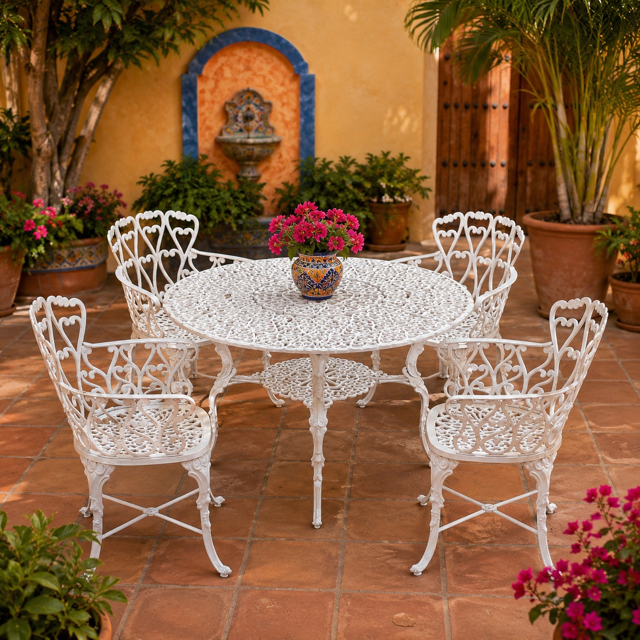 White heart aluminum dining furniture sets with classic garden design in a Mexican courtyard