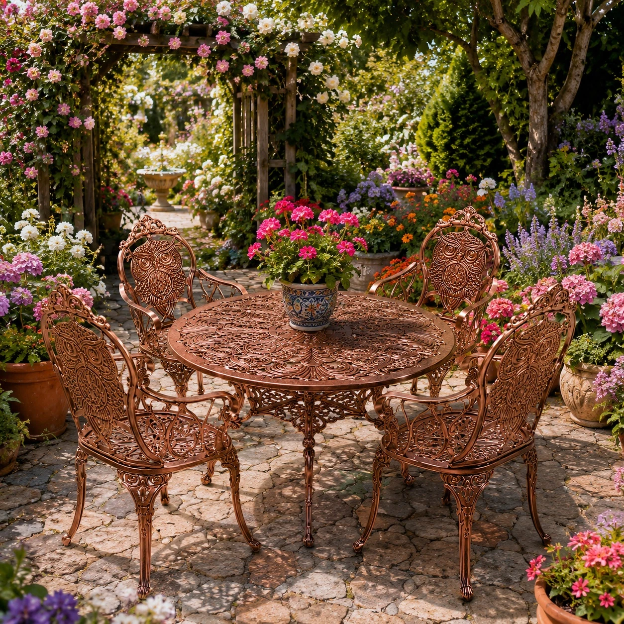 Copper owl aluminum dining furniture sets with ornate patio design in a flower garden