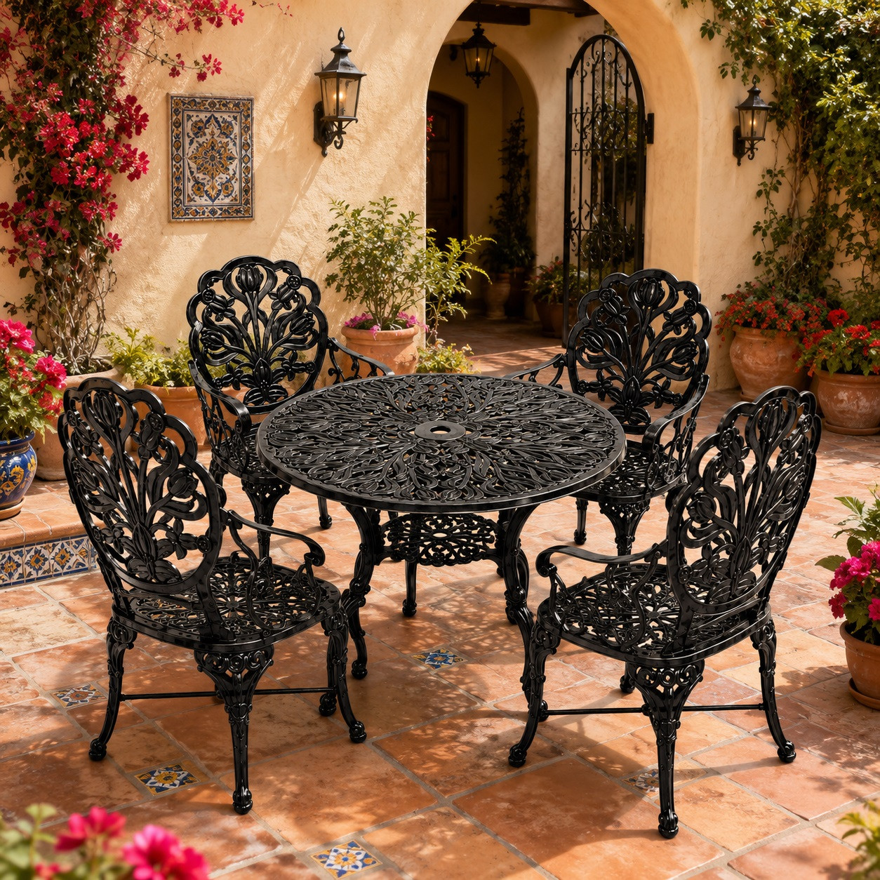 Black floral aluminum dining furniture sets with glossy garden design in Spanish courtyard