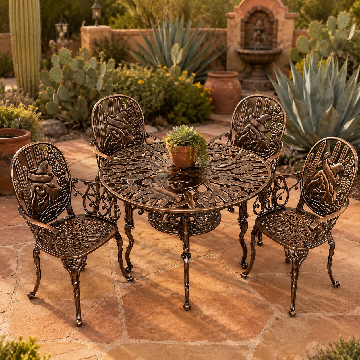 Aluminum dining furniture sets with bronze finish and cactus design in a desert garden