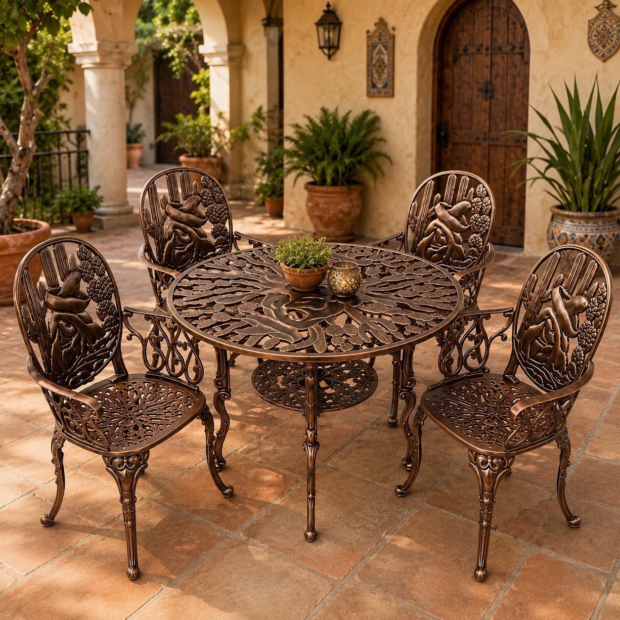 Aluminum dining furniture sets with bronze finish and cactus design in a Spanish courtyard