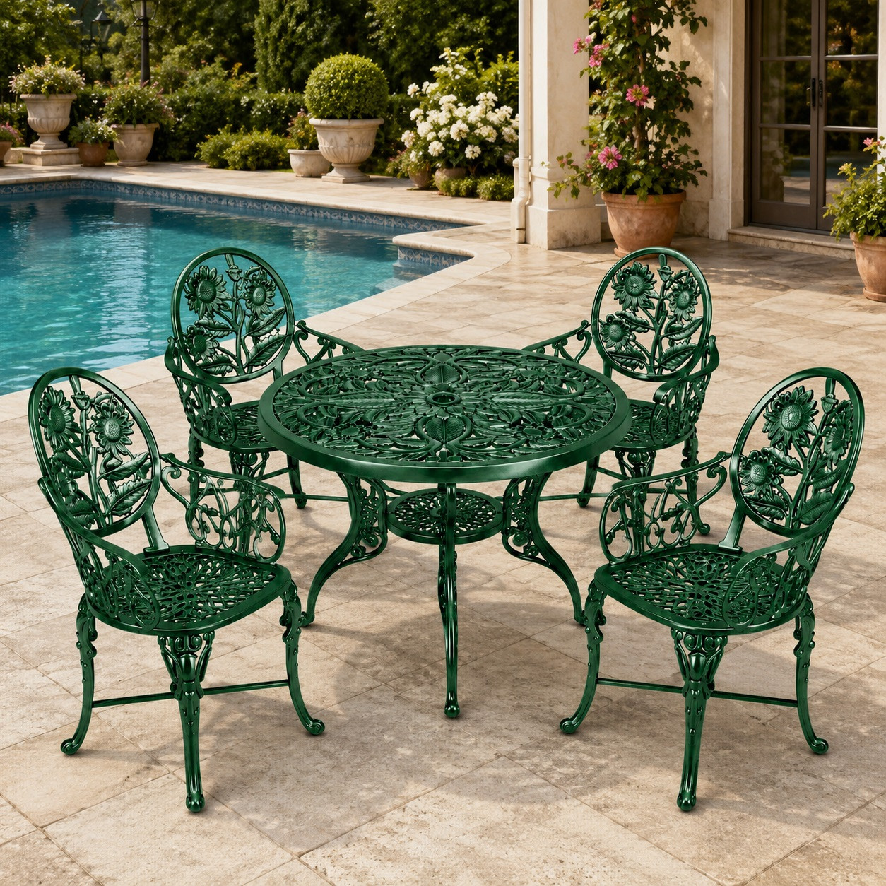 Bottle green floral aluminum dining furniture sets for garden patios beside poolside patio
