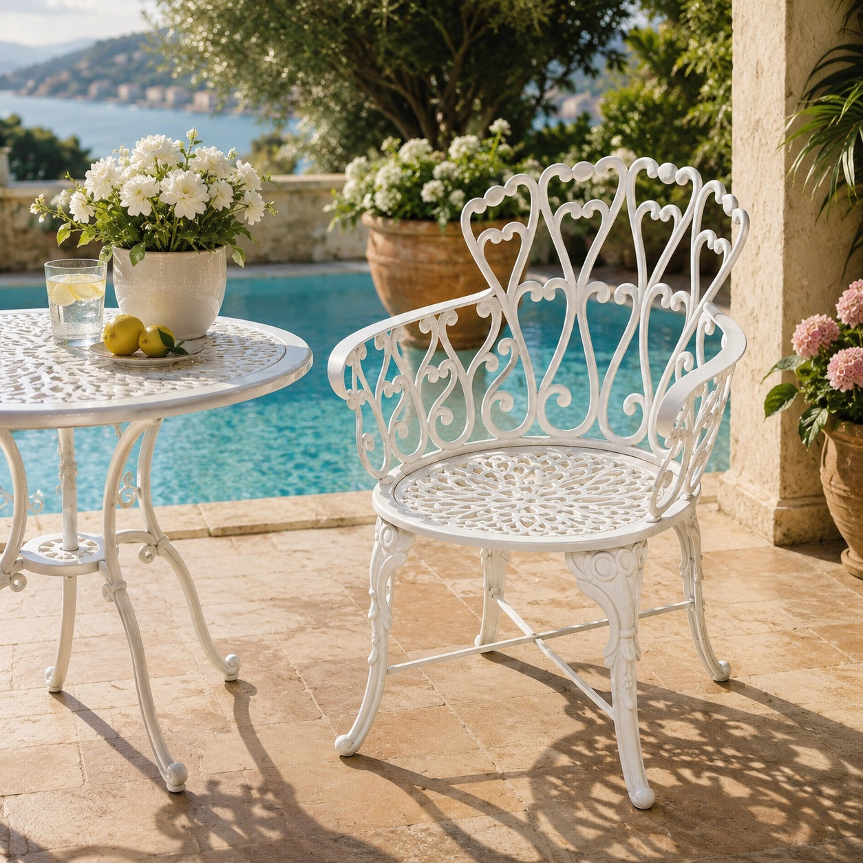 White heart scroll aluminum garden chair with romantic patio design