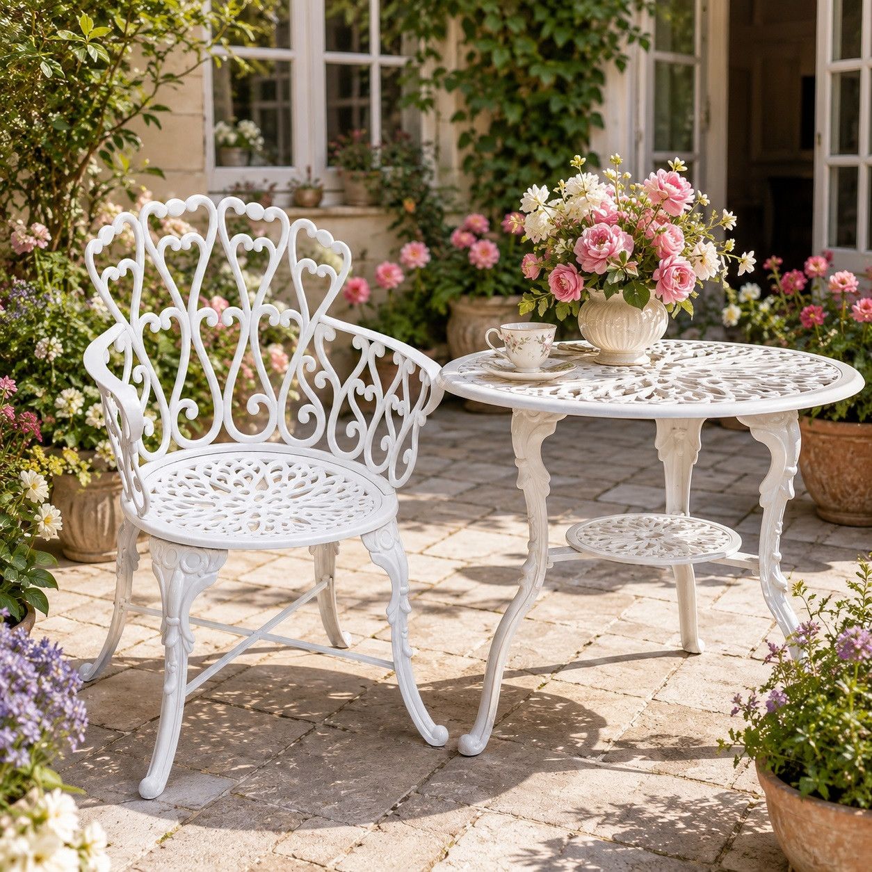 White heart scroll aluminum garden chair with romantic patio design
