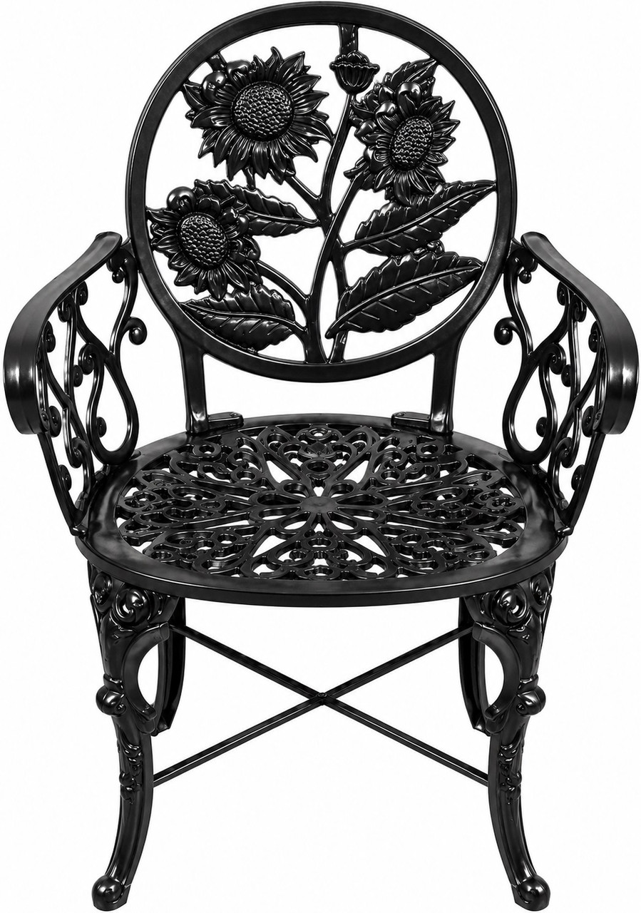 Black sunflower aluminum garden chair with ornate floral backrest
