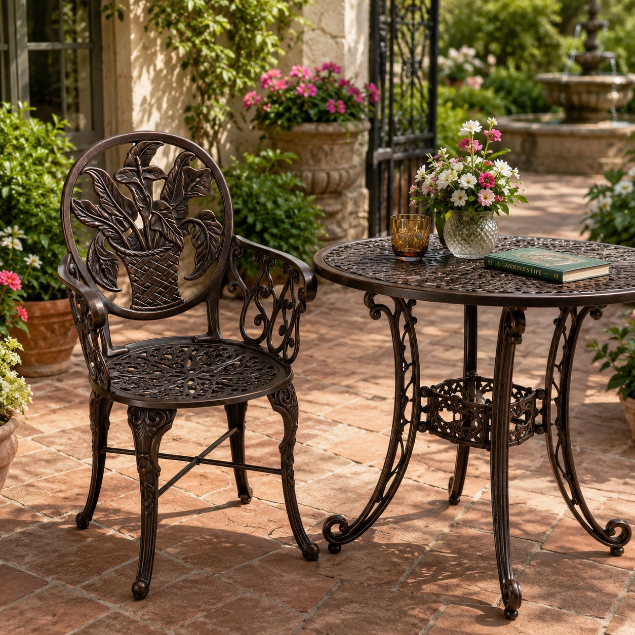 Victorian Calla Lily Aluminum Garden Chair in Chocolate Brown Finish