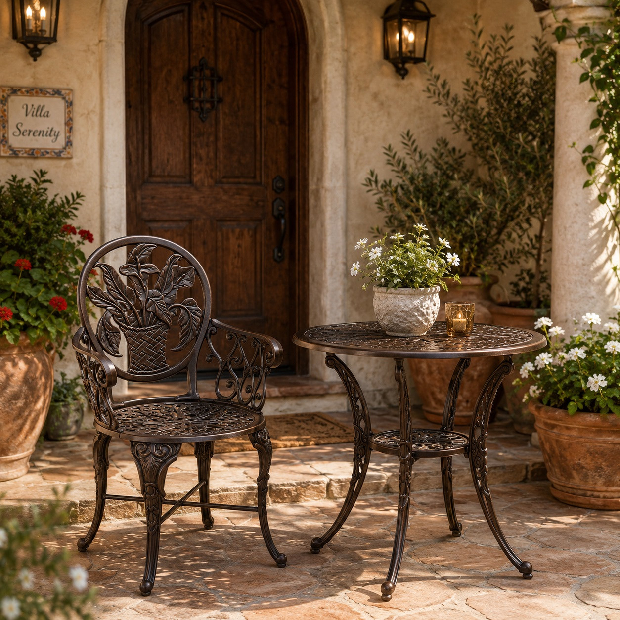 Victorian Calla Lily Aluminum Garden Chair in Chocolate Brown Finish